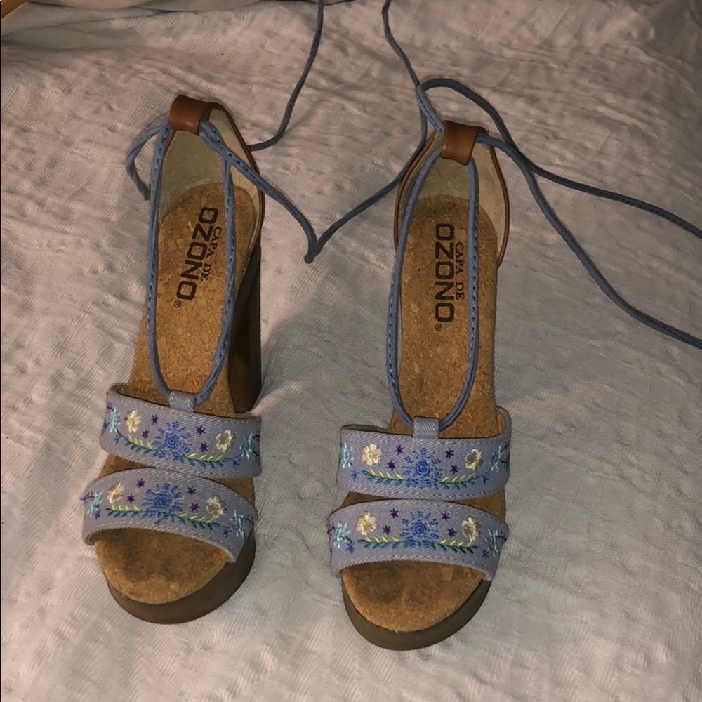 Blue Wrap Around Open Toe Chunky High Heels